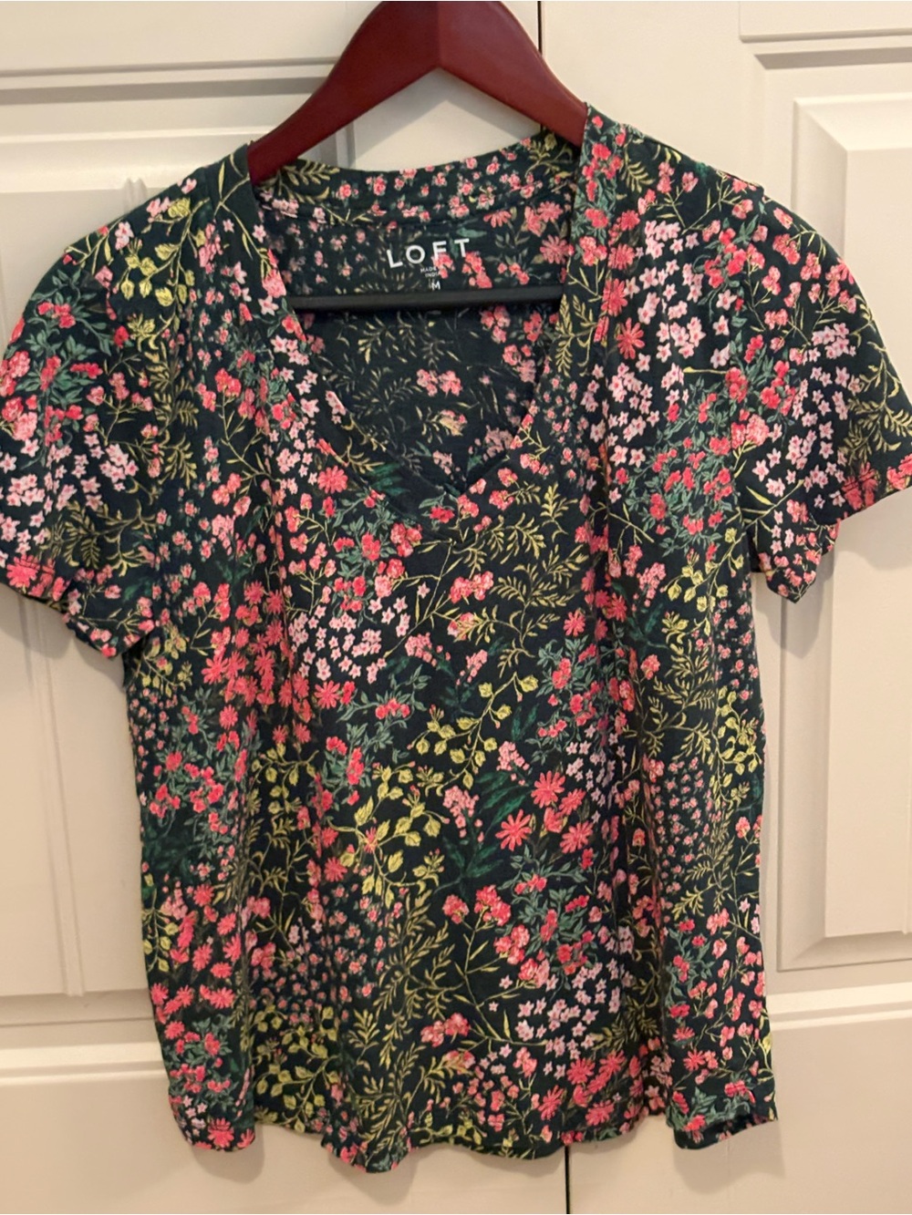 LOFT Dark Green Floral V-Neck Tee with Pink & Lime Accents